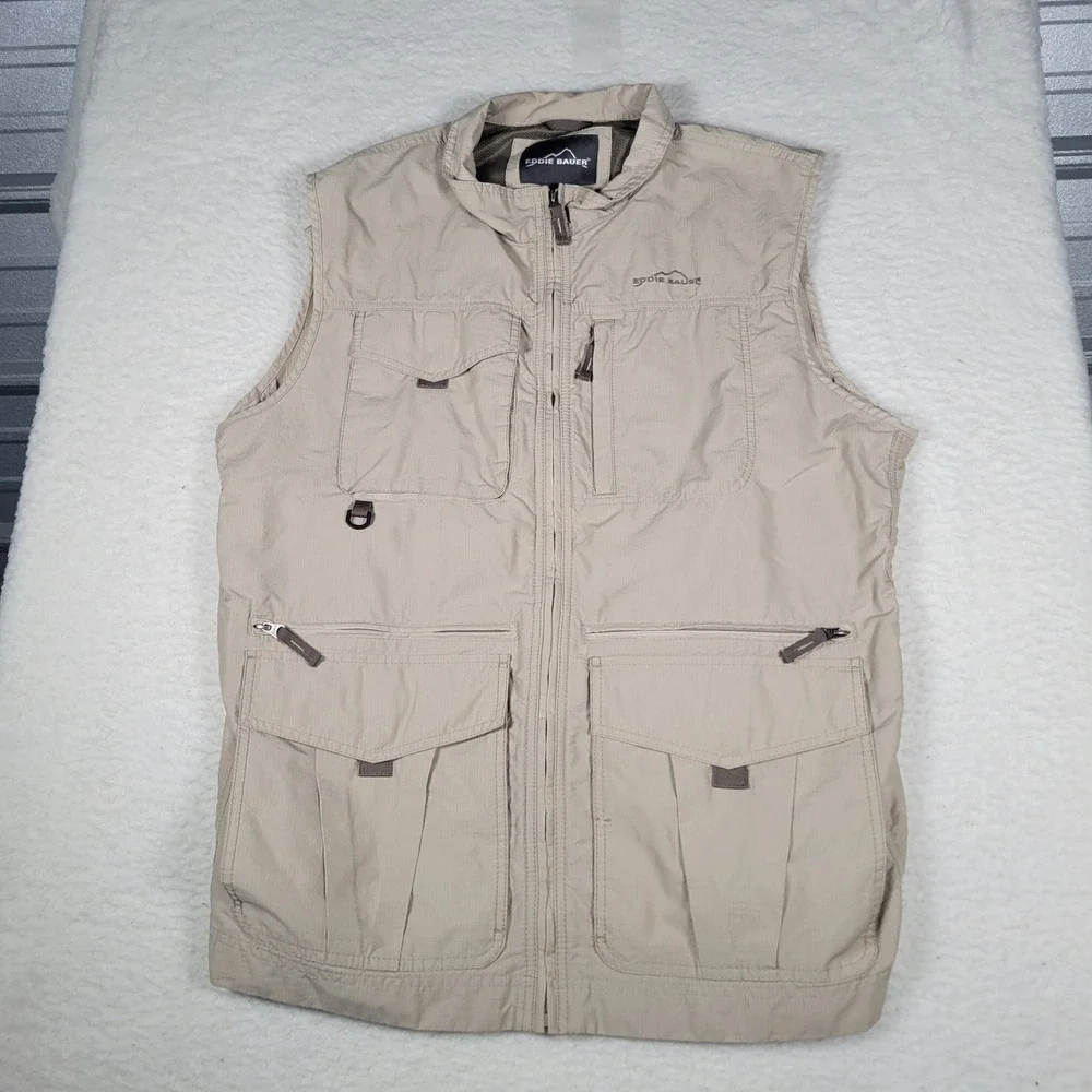 Eddie Bauer Utility Vest Mens TXL Beige Ripstop Multi-Pocket Gorpcore Fishing - Picture 2 of 9